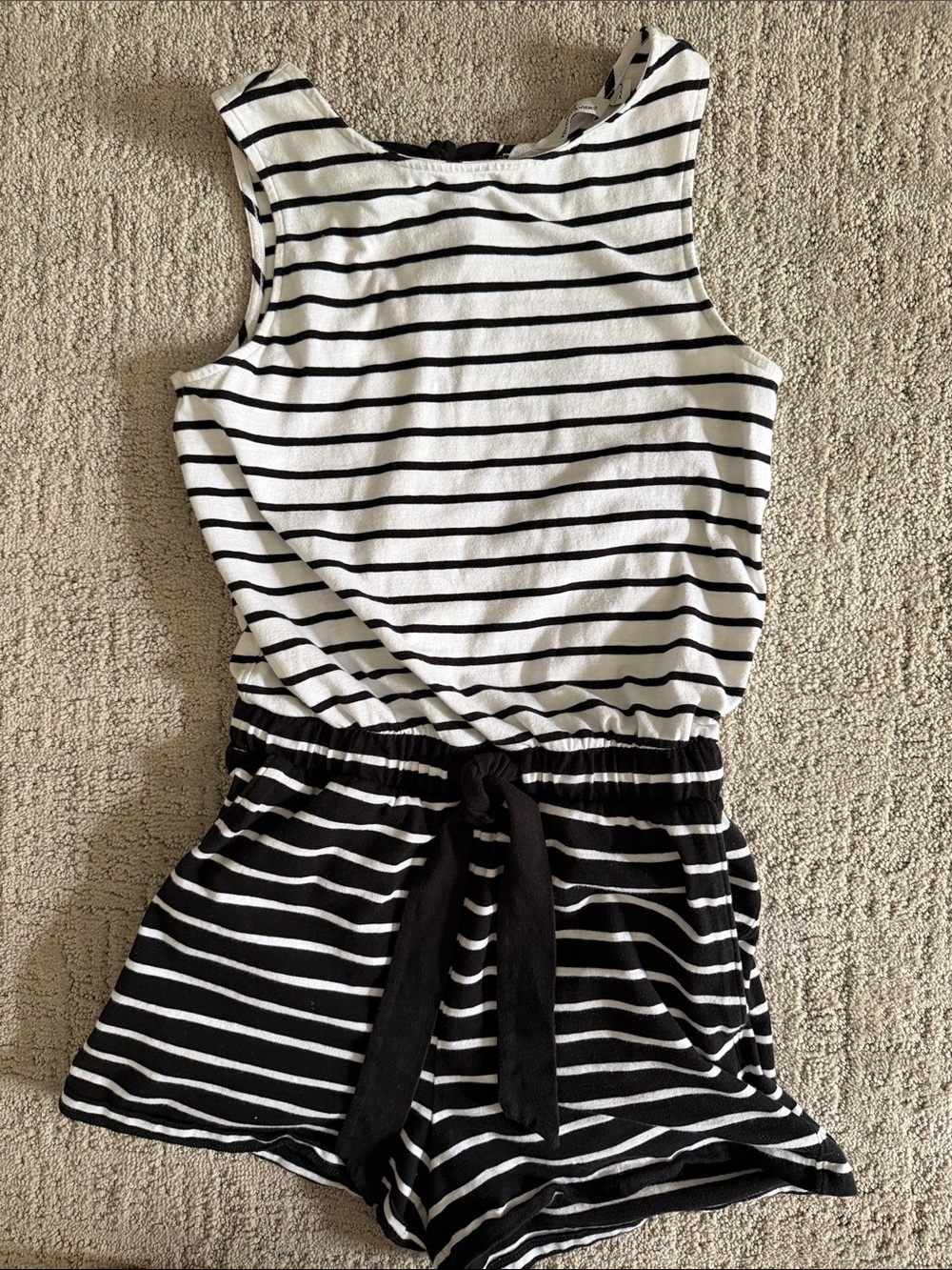 Vineyard Vines Black & White Striped Sleeveless Romper with Tie Waist | Size XXS